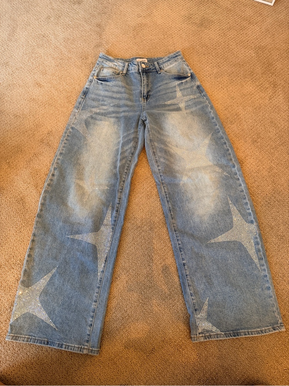 Boutique Light Blue Rhinestone Star-Print Wide Leg Women Jeans - Picture 2 of 9